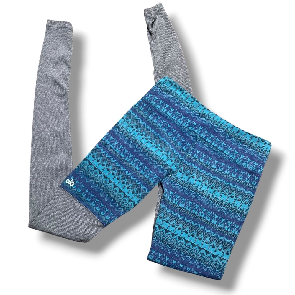 Alo Yoga Goddess Ribbed Leggings Teal Blue Geometric Gray Small